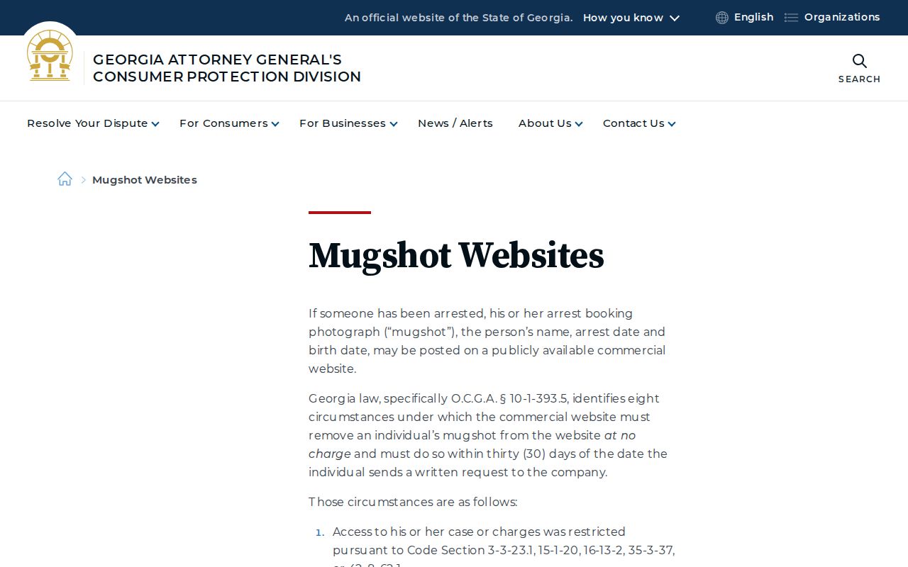 Georgia Attorney General mugshot website guidance for removal and record accuracy