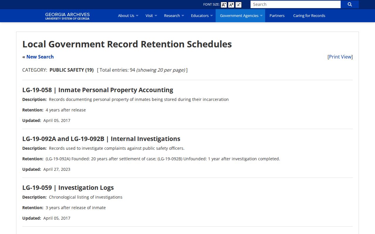 Georgia Archives local jail booking record retention schedule