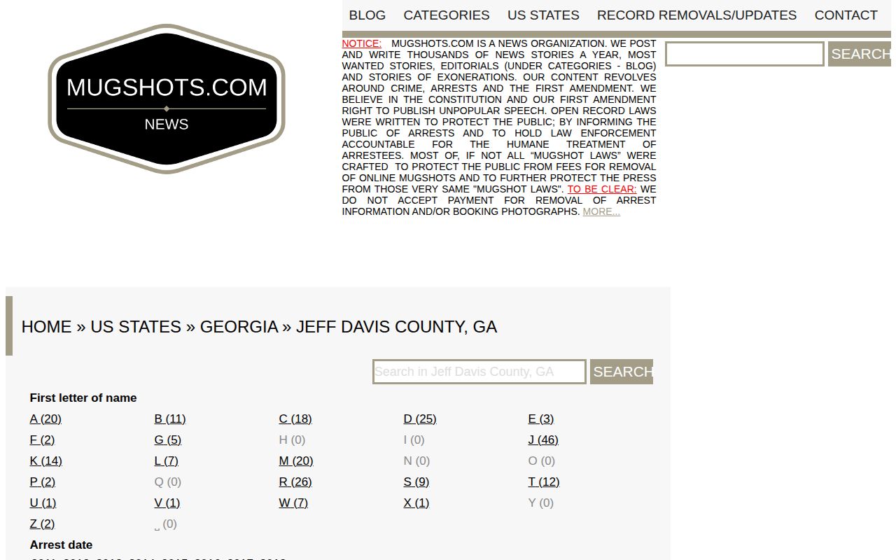 Historical Jeff Davis County Mugshots.com county archive interface